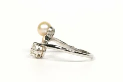 Bague Toi et Moi 1970 or blanc, perle et diamant