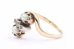 Bague Toi et moi Art Nouveau en or jaune et argent sertie de perles et de diamants