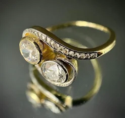 Bague Toi et Moi Art Nouveau or jaune, platine, diamants
