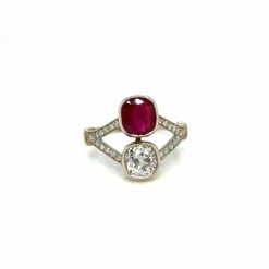 Bague "Toi et Moi" en diamant rubis naturel non chauffé certifié victorien