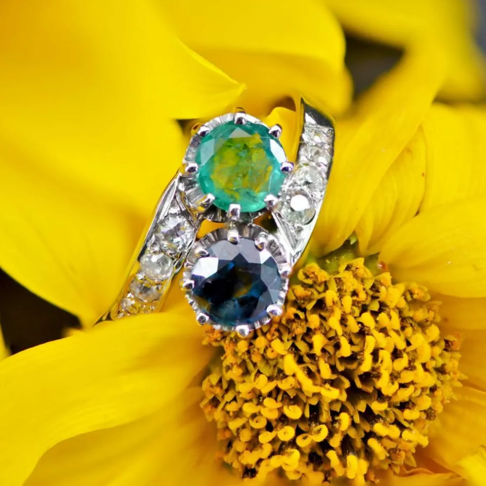 Bague toi et moi émeraude saphir diamants