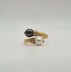 Bague Toi et moi or jaune sertie de diamants et perles de culture et Tahiti