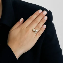 Bague Toi et Moi or jaune et gris perle et diamants