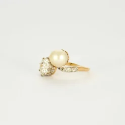 Bague Toi et Moi or jaune et gris perle et diamants