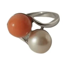 Bague Toi et Moi vintage or blanc perle corail