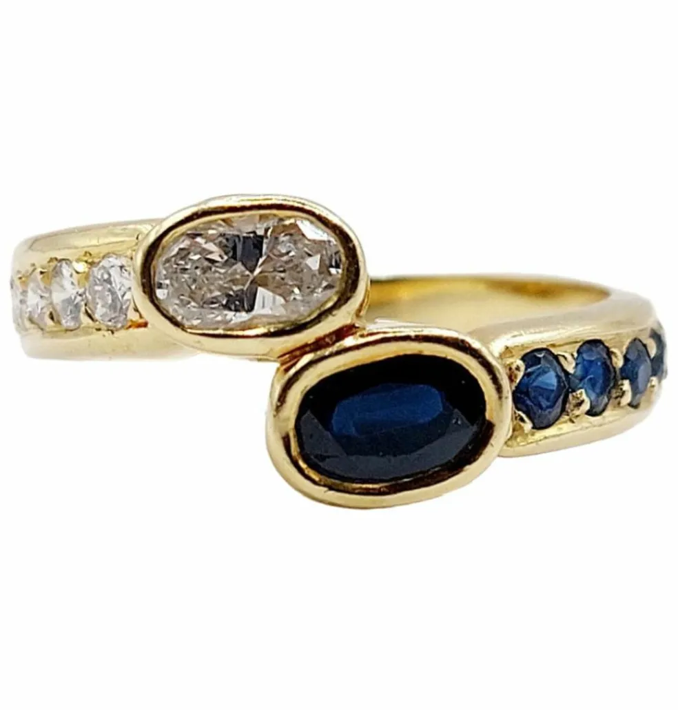 Bague toi et moi vintage or jaune 18k diamant de 0,35 carats et saphir de 0,40 carats