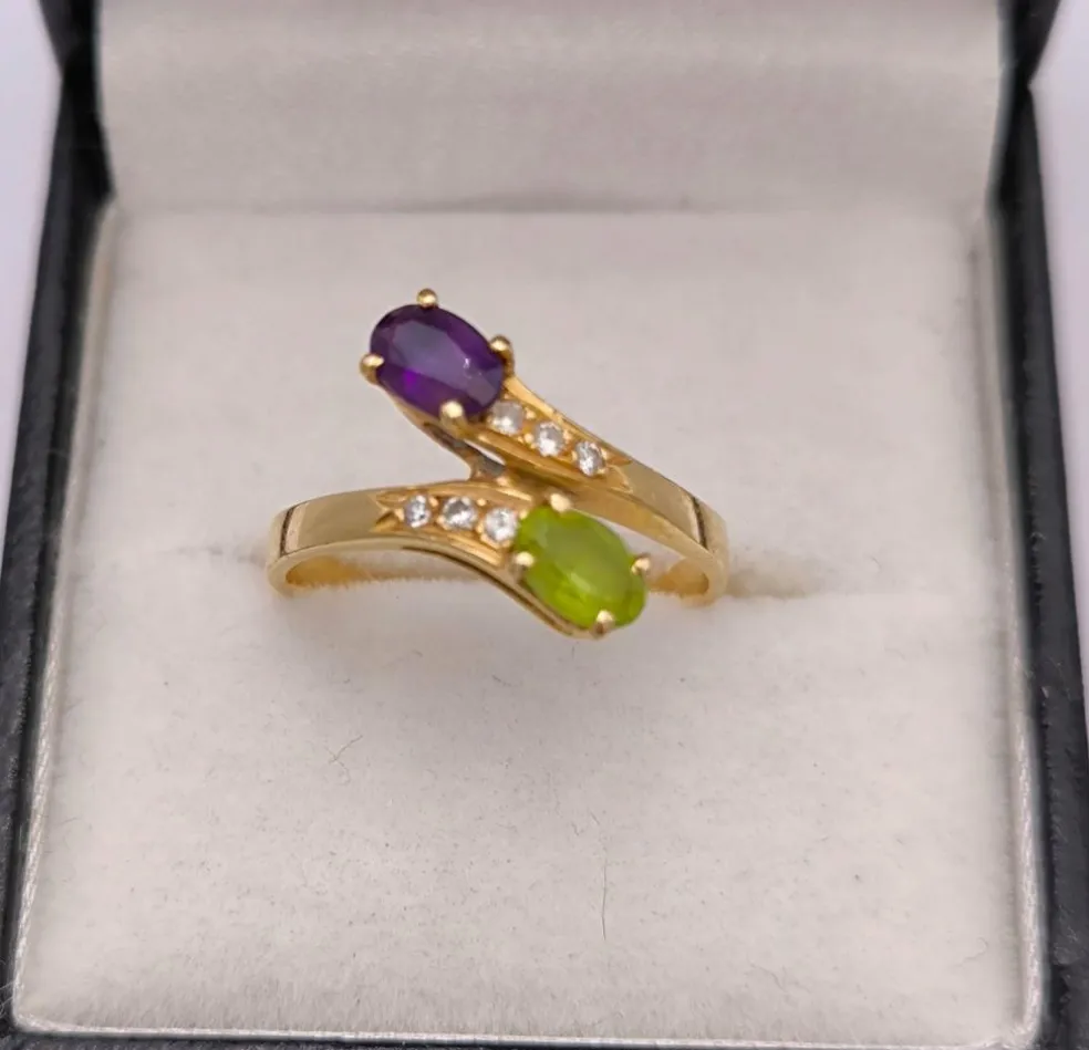 Bague Toi et Moi vintage péridot améthyste