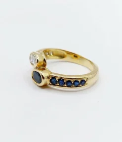 Bague toi et moi vintage or jaune 18k diamant de 0,35 carats et saphir de 0,40 carats