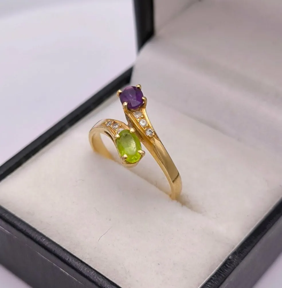 Bague Toi et Moi vintage péridot améthyste