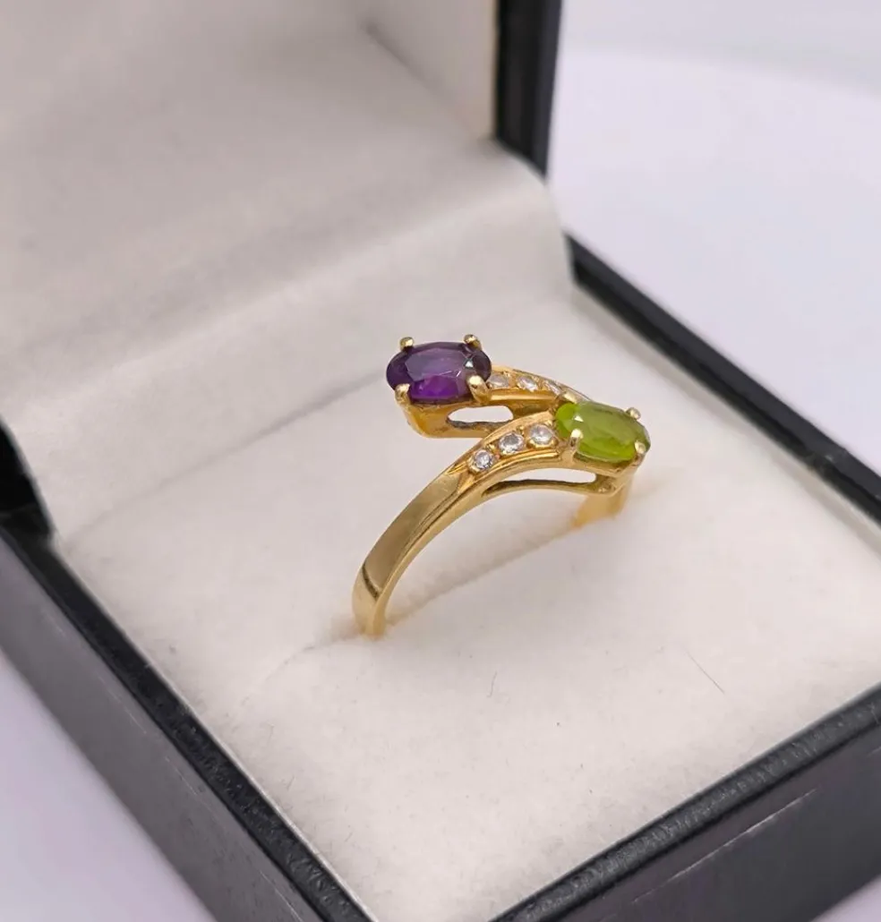 Bague Toi et Moi vintage péridot améthyste