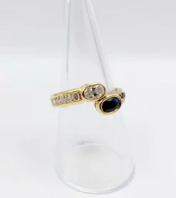 Bague toi et moi vintage or jaune 18k diamant de 0,35 carats et saphir de 0,40 carats
