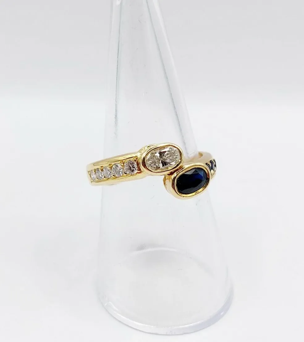 Bague toi et moi vintage or jaune 18k diamant de 0,35 carats et saphir de 0,40 carats