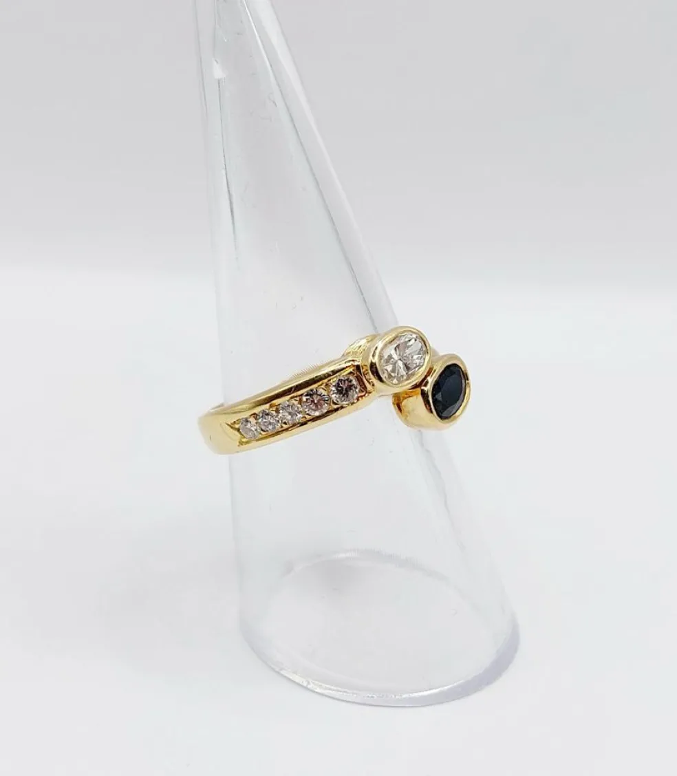 Bague toi et moi vintage or jaune 18k diamant de 0,35 carats et saphir de 0,40 carats