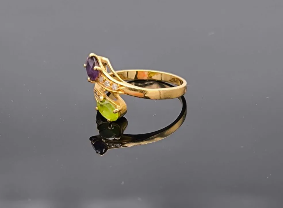 Bague Toi et Moi vintage péridot améthyste