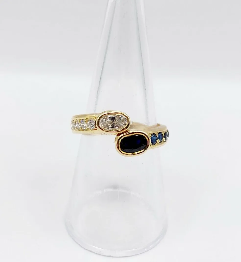 Bague toi et moi vintage or jaune 18k diamant de 0,35 carats et saphir de 0,40 carats
