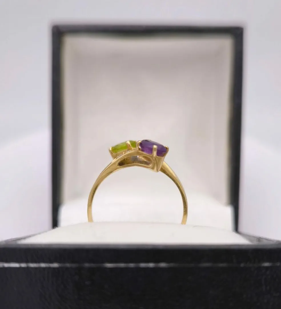 Bague Toi et Moi vintage péridot améthyste