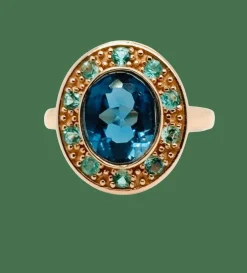 Bague topaze bleue émeraude or rose