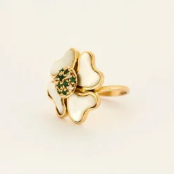 Bague trèfle en or jaune avec nacre, diamants et émeraudes