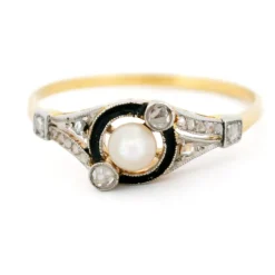 Bague Trilogie Diamant Émail Perle Or Jaune Platine