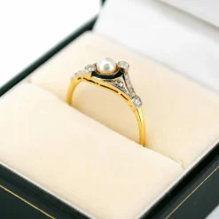 Bague Trilogie Diamant Émail Perle Or Jaune Platine