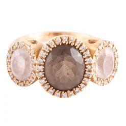 Bague trilogie quartz fumé et pavage diamants
