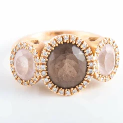 Bague trilogie quartz fumé et pavage diamants