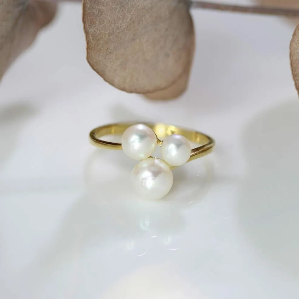 Bague trio perles de culture or jaune