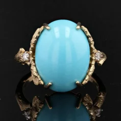 Bague turquoise diamants monture feuillagée