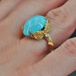 Bague turquoise diamants monture feuillagée