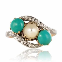 Bague turquoises, perle fine et diamants