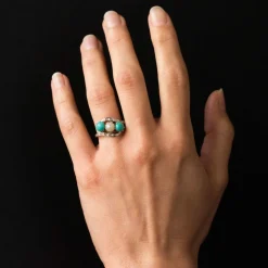Bague turquoises, perle fine et diamants