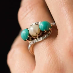 Bague turquoises, perle fine et diamants
