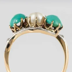 Bague turquoises, perle fine et diamants