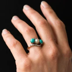 Bague turquoises, perle fine et diamants