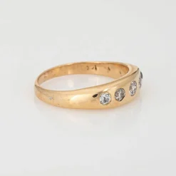 Bague victorienne antique à 5 diamants, bande en or jaune 14 carats, taille ancienne