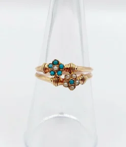 Bague victorienne or rose formant des marguerites ornées de perles et de turquoises