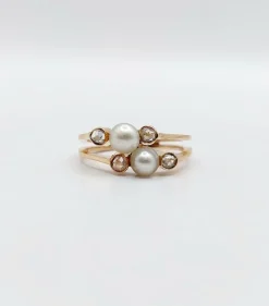 Bague victorienne toi et moi or rose, perles épaulées de diamant (circa 1900)