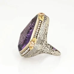 Bague vintage art déco améthyste perle filigrane or blanc
