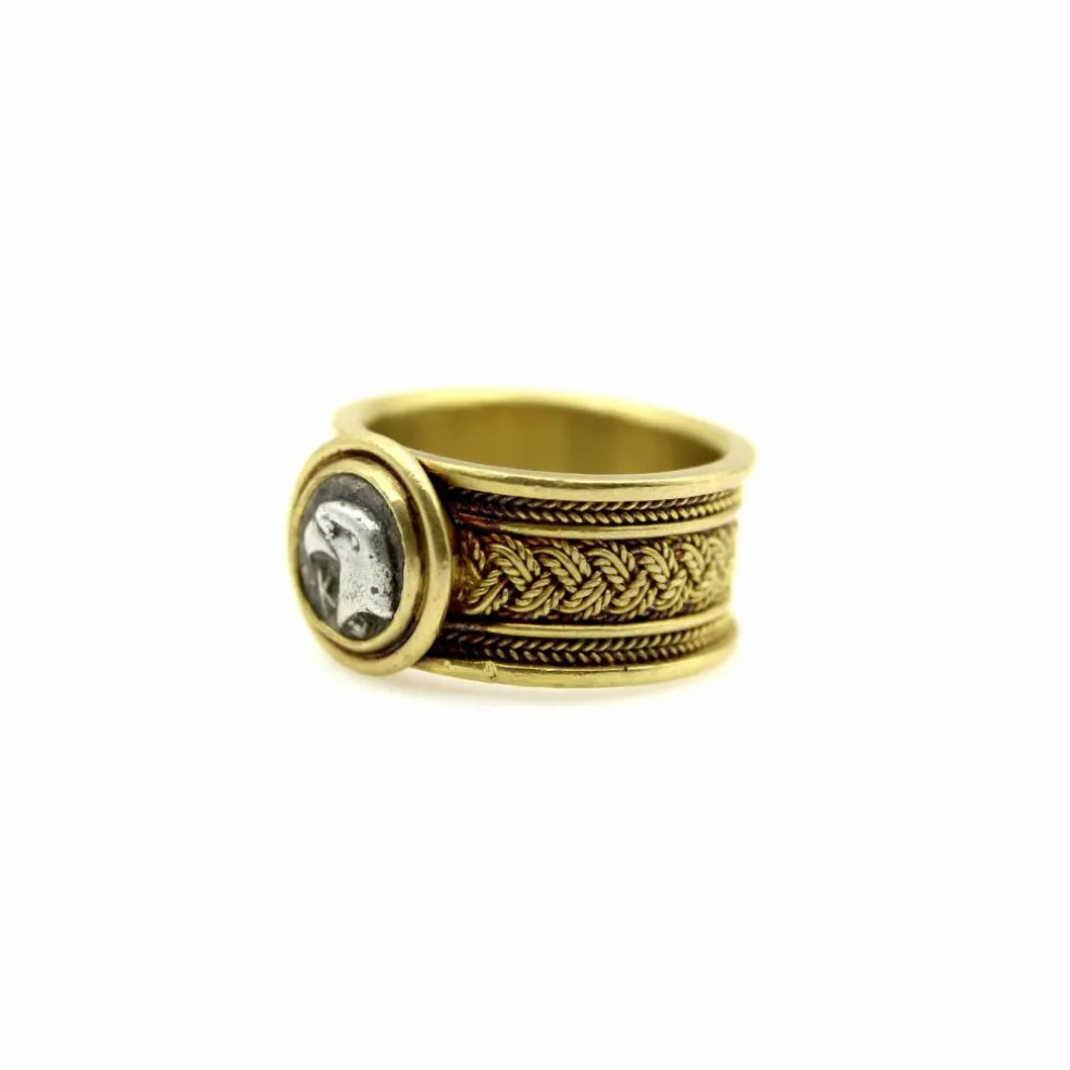 Bague vintage en fil de fer doré 22 carats avec pièce d'aigle en argent antique