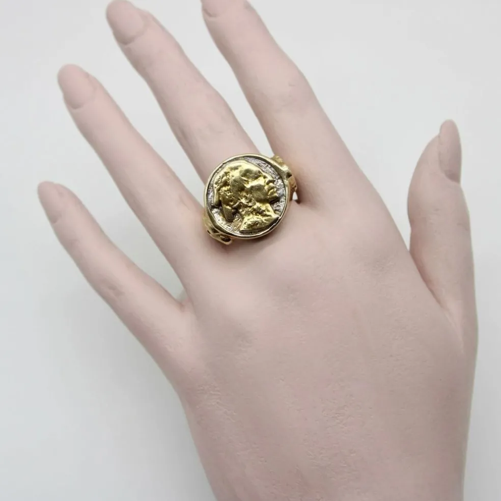 Bague vintage en or 14 carats avec portrait d'Amérindien Buffalo Nickel