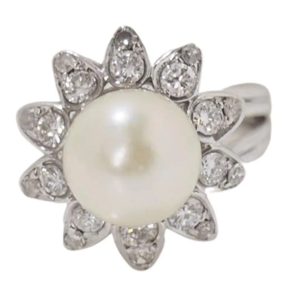 Bague vintage en or blanc, perle de culture et diamants