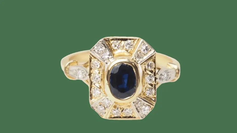 Bague vintage en or jaune, saphir et diamants ovale