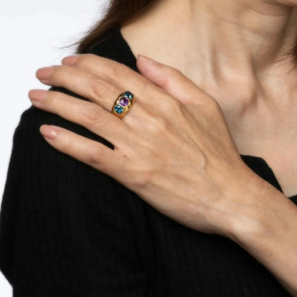 Bague vintage en or jaune avec améthyste et topaze bleue