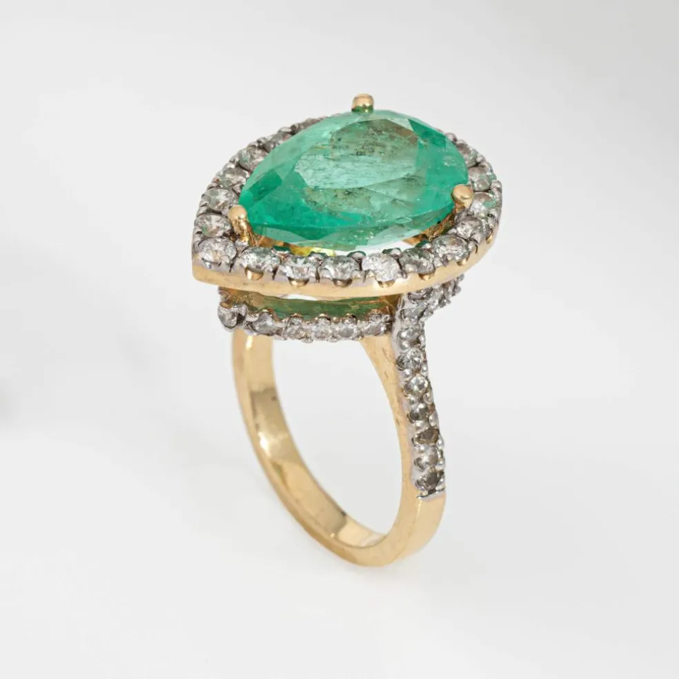 Bague vintage en or jaune 14 carats avec diamants et émeraude de 8,45 ct, taille poire