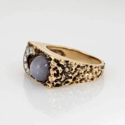Bague vintage en or jaune 14 carats avec diamants, croissant de lune, étoile et saphir