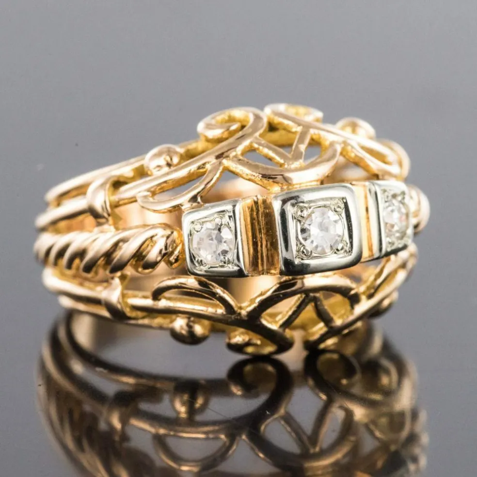 Bague vintage fils d'or rose et diamants