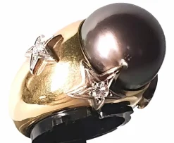 Bague vintage jonc or jaune, perle de TahitiI et motifs étoilés diamants