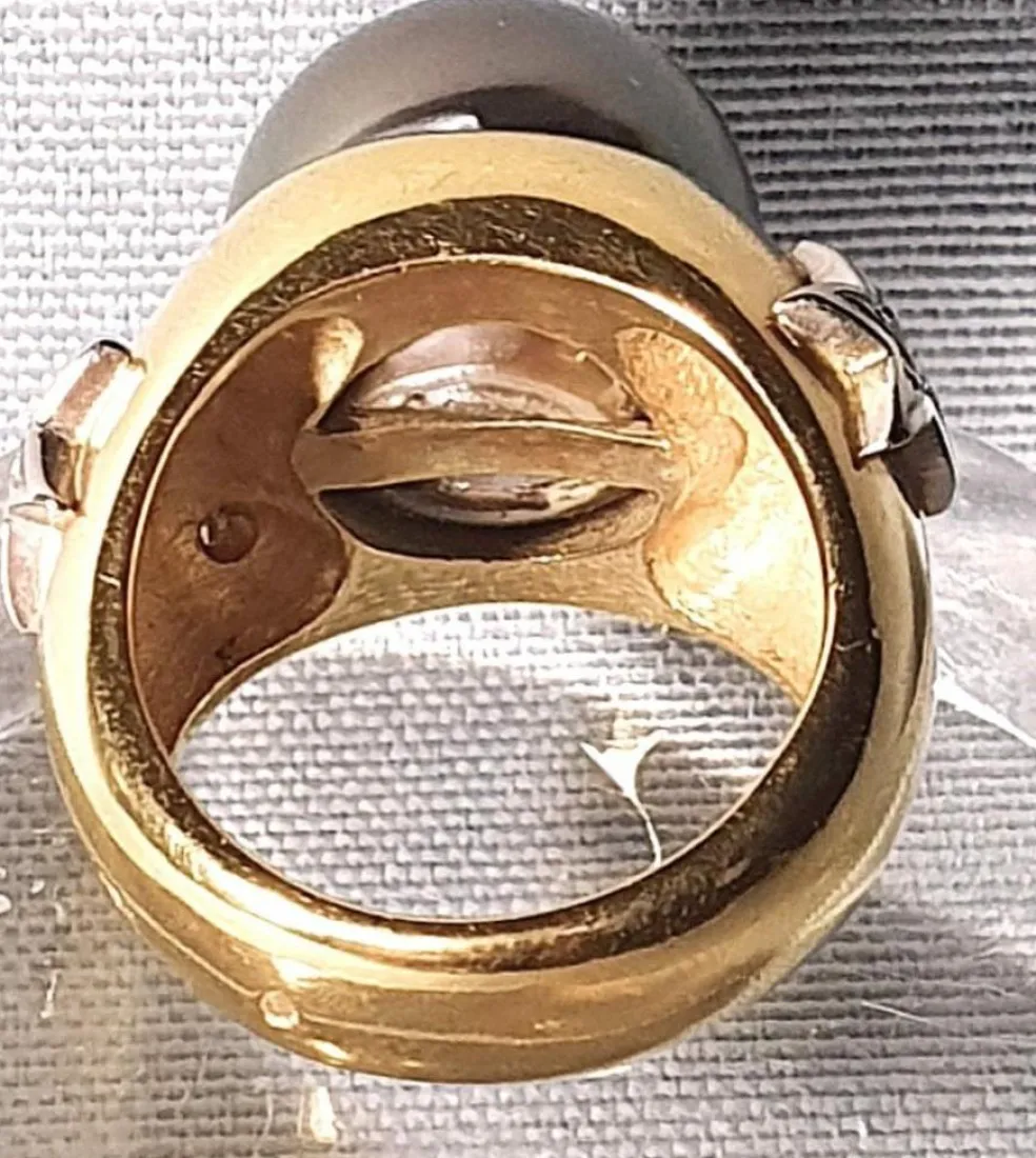 Bague vintage jonc or jaune, perle de TahitiI et motifs étoilés diamants