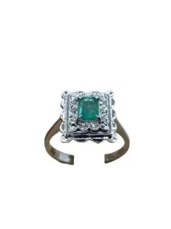 Bague vintage Or blanc Emeraude Diamants