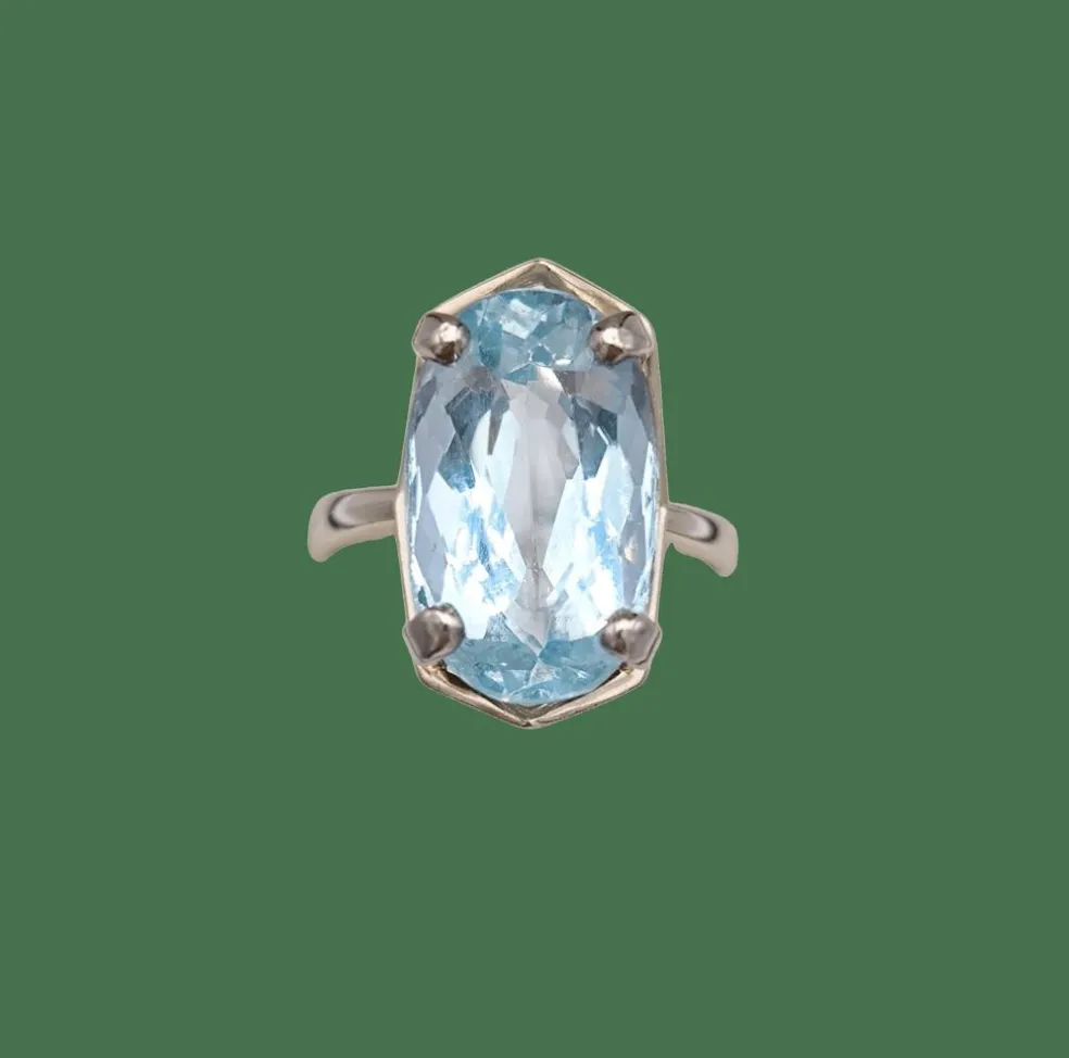 Bague vintage or gris et aigue marine ovale